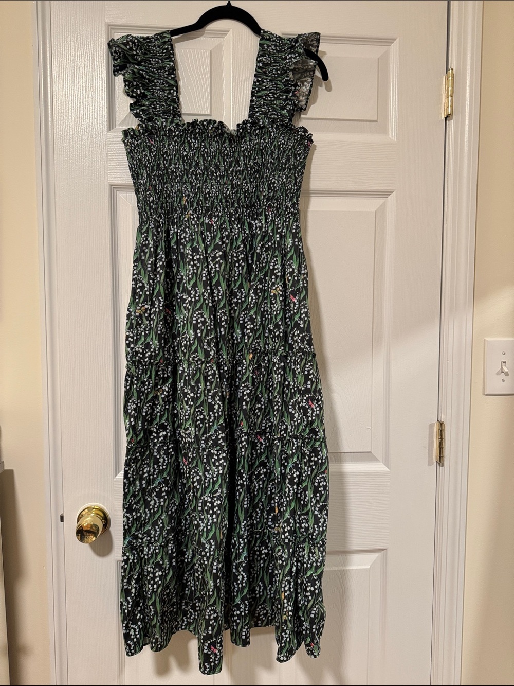 Hill House The Ellie Nap Dress Black Lily of the Valley Print Size XL